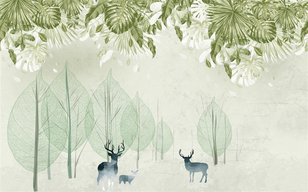 Фотошпалери сім'я оленів блукає туманним зеленим лісом