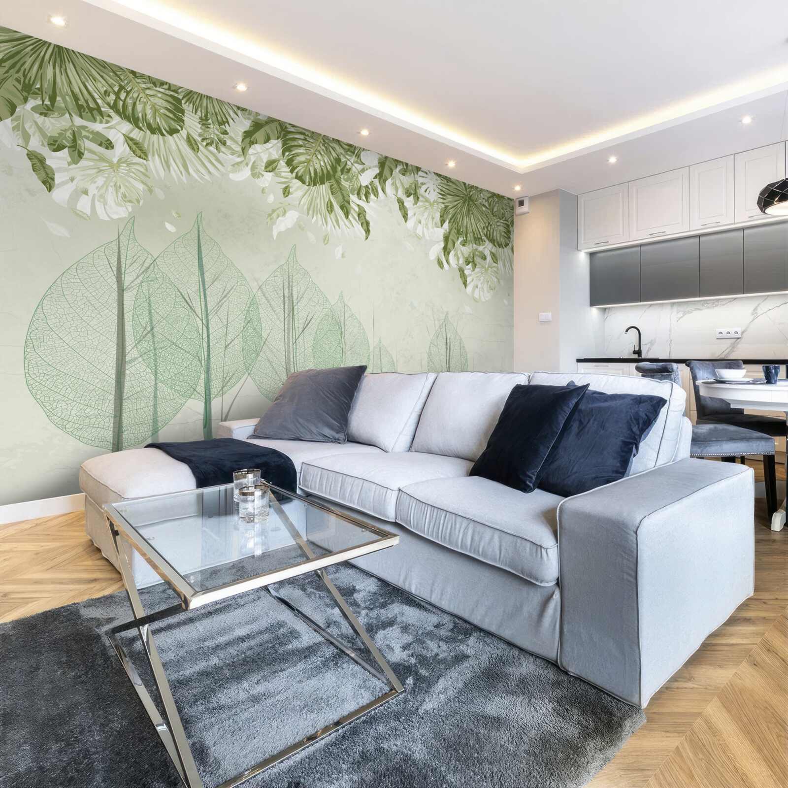 Фотошпалери сім'я оленів блукає туманним зеленим лісом