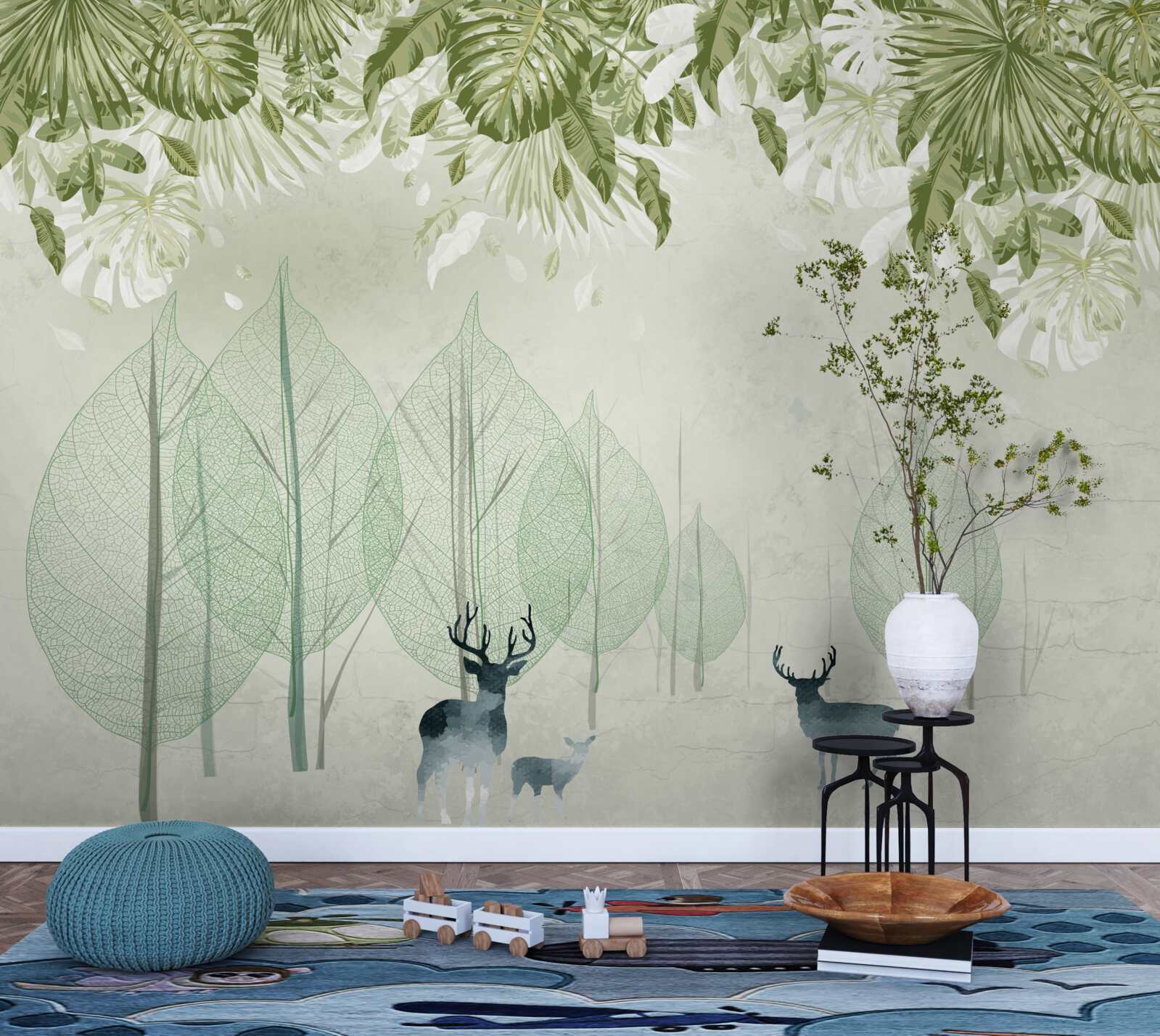 Фотошпалери сім'я оленів блукає туманним зеленим лісом