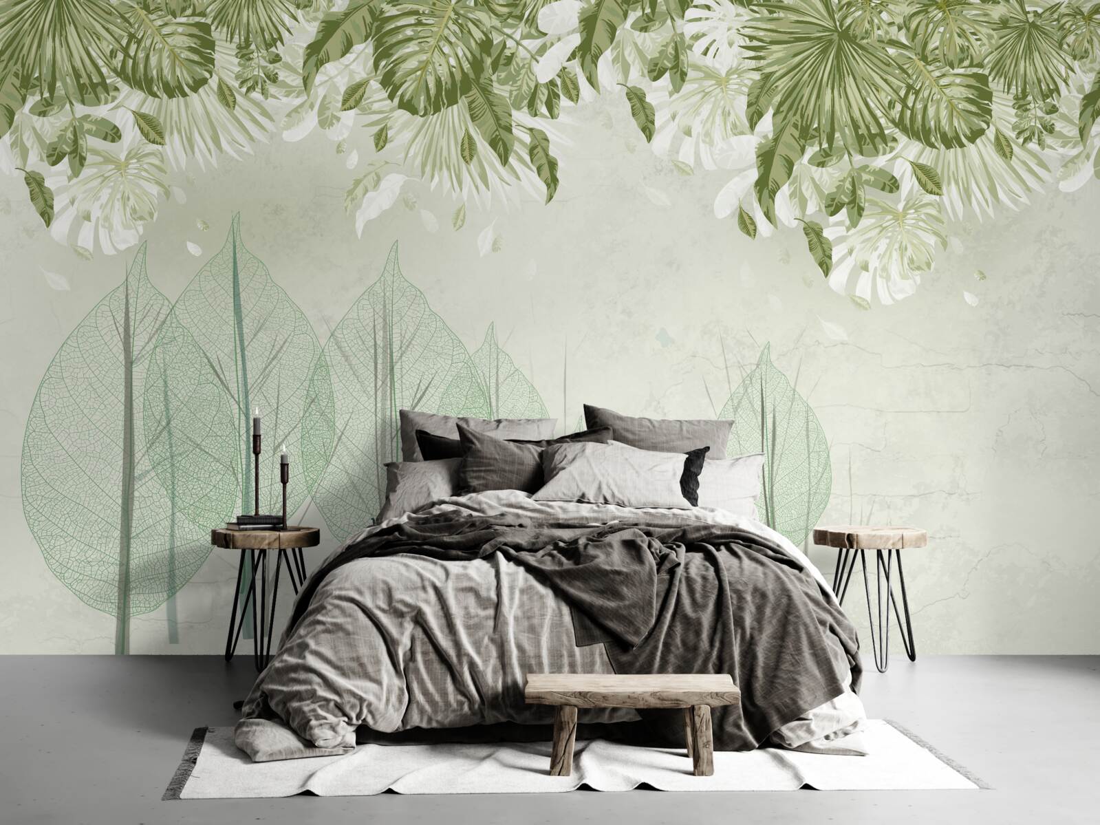 Фотошпалери сім'я оленів блукає туманним зеленим лісом