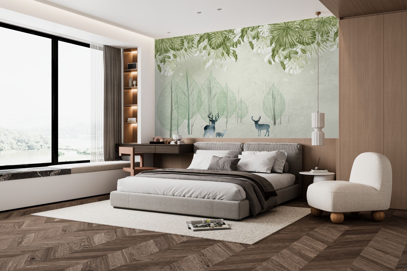 Фотошпалери сім'я оленів блукає туманним зеленим лісом