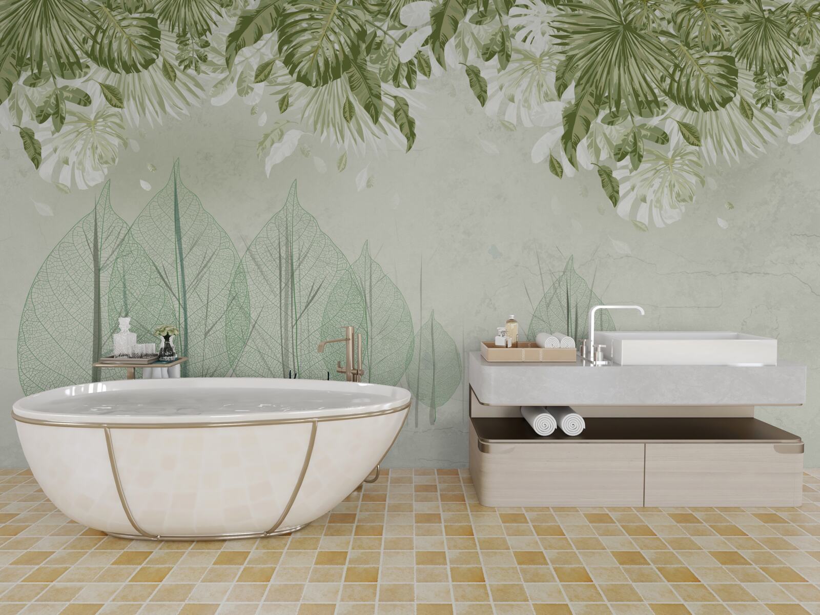 Фотошпалери сім'я оленів блукає туманним зеленим лісом