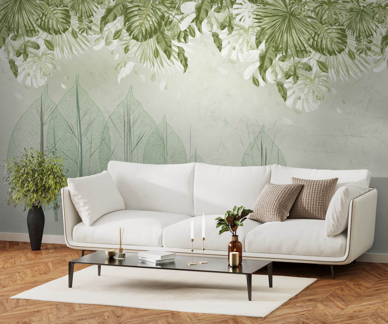 Фотошпалери сім'я оленів блукає туманним зеленим лісом