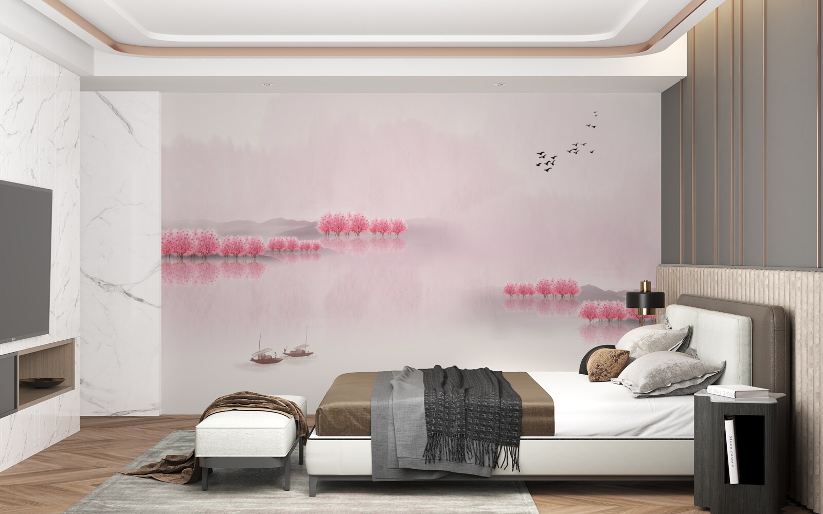 Фотошпалери спокійні ставки та рожеві узлісся