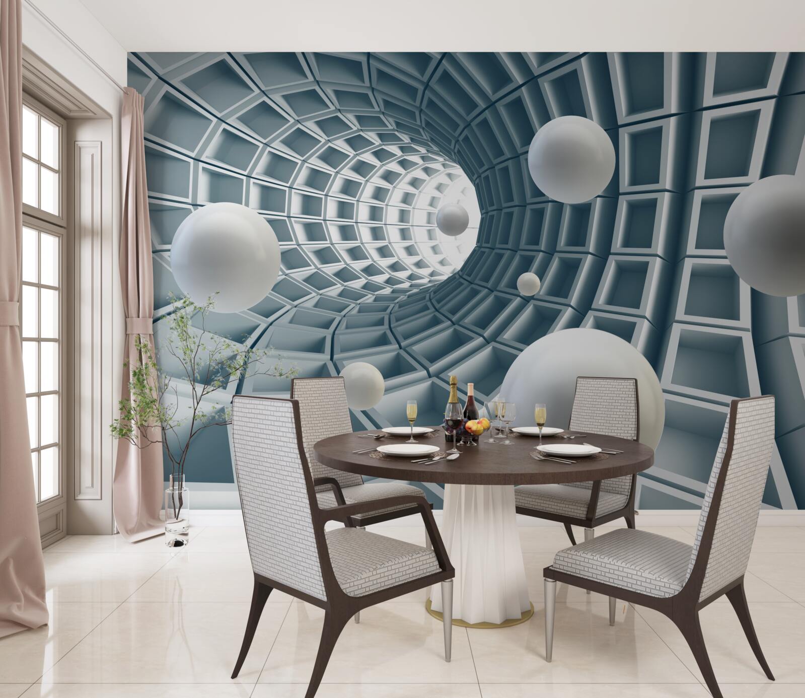 Фотошпалери блакитний тунель з повітряними кулями, що ширяють у повітрі