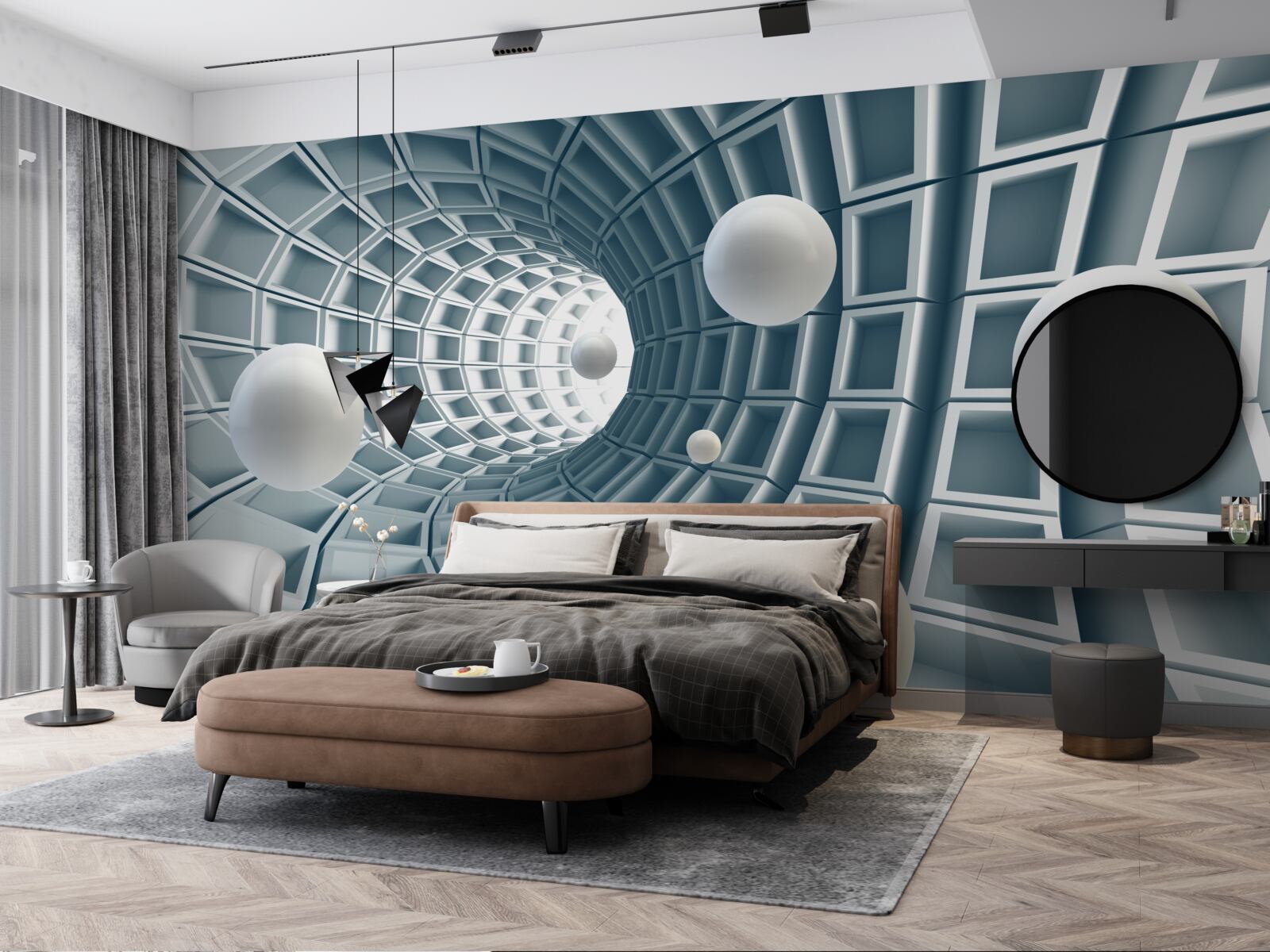 Фотошпалери блакитний тунель з повітряними кулями, що ширяють у повітрі