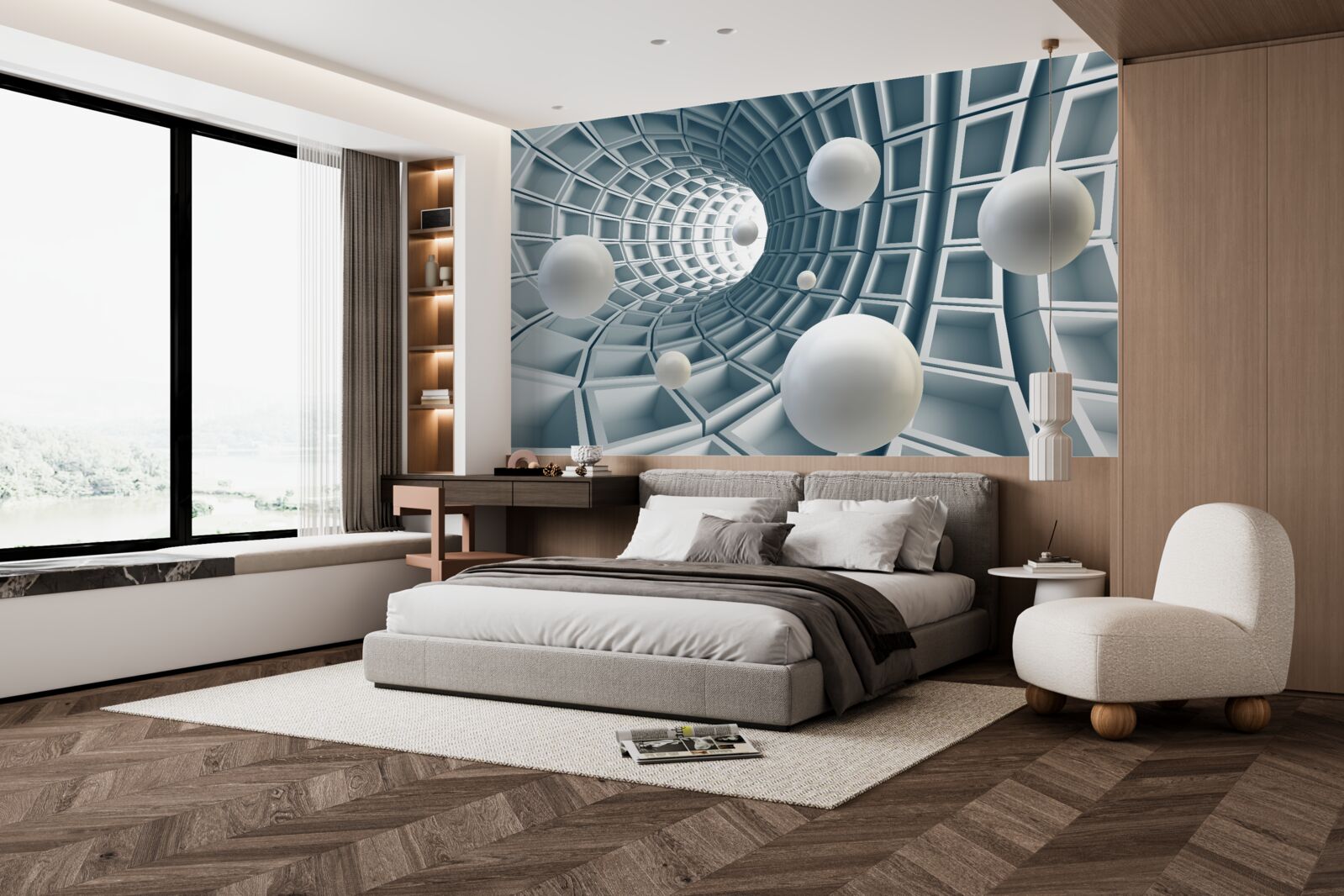 Фотошпалери блакитний тунель з повітряними кулями, що ширяють у повітрі