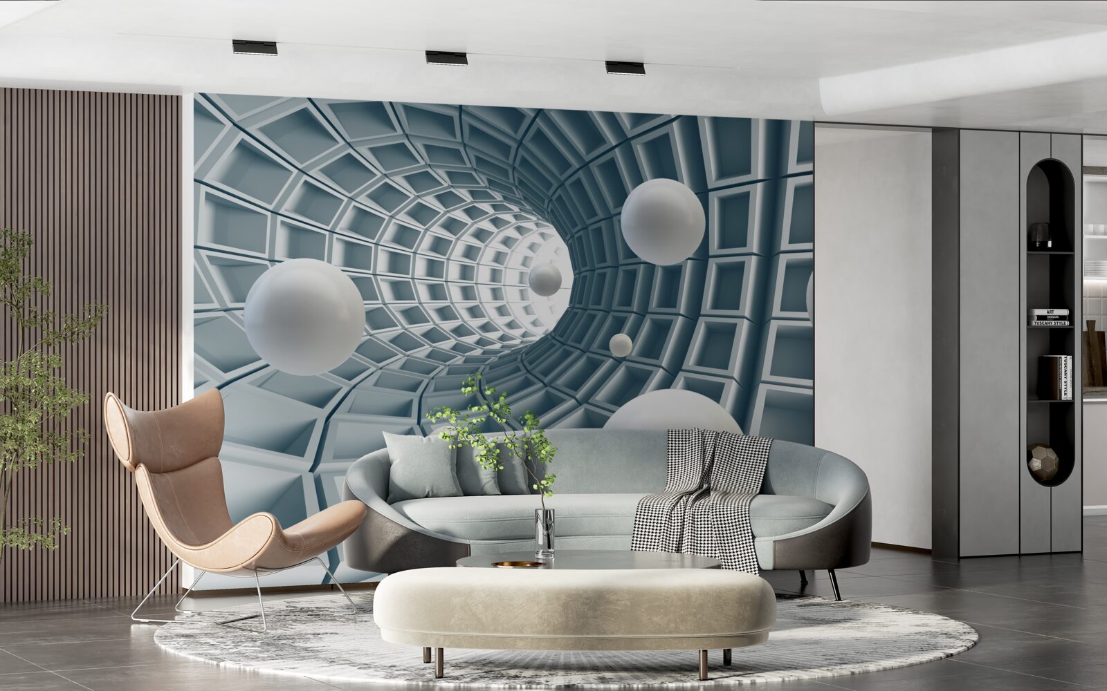 Фотошпалери блакитний тунель з повітряними кулями, що ширяють у повітрі