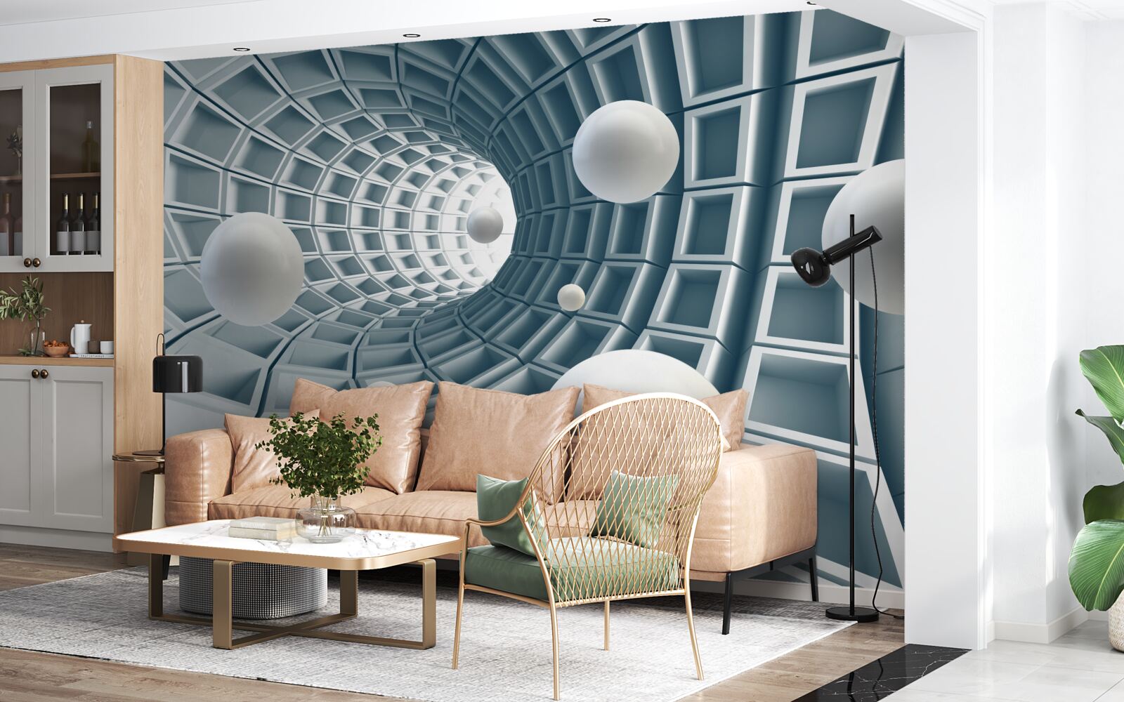 Фотошпалери блакитний тунель з повітряними кулями, що ширяють у повітрі