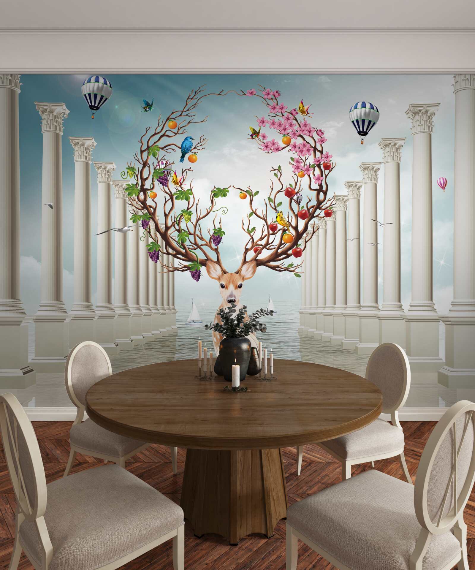 Фотошпалери Білосніжна колонада і олень з незвичайним, абстрактним рогом