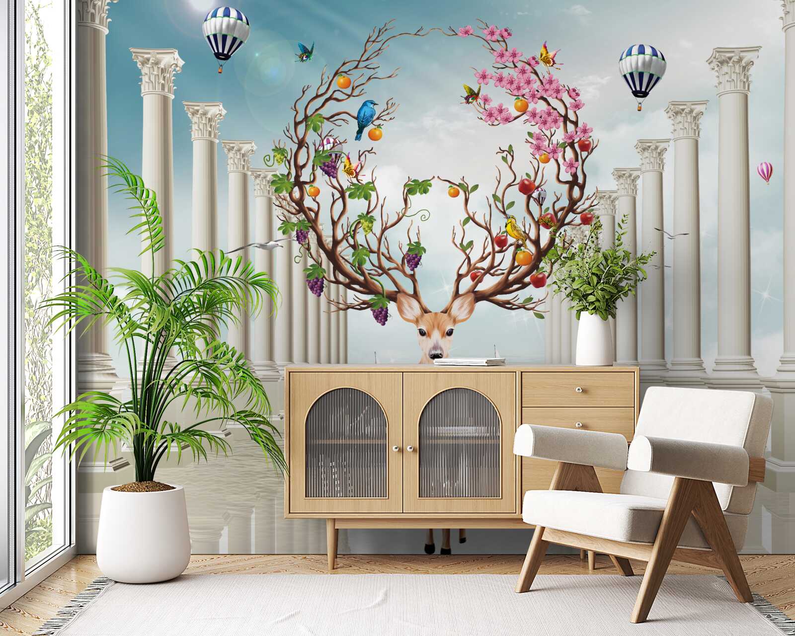 Фотошпалери Білосніжна колонада і олень з незвичайним, абстрактним рогом