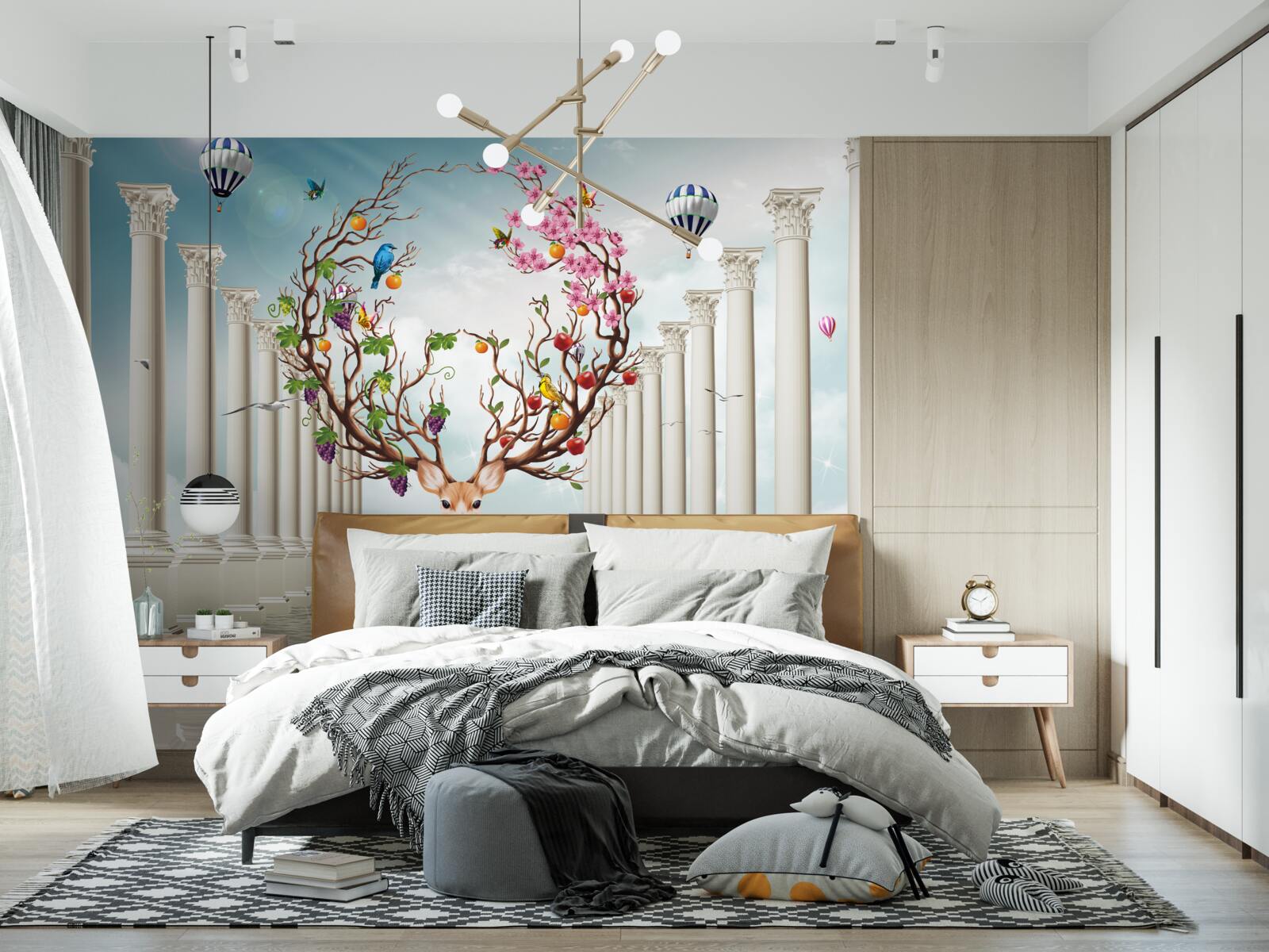 Фотошпалери Білосніжна колонада і олень з незвичайним, абстрактним рогом