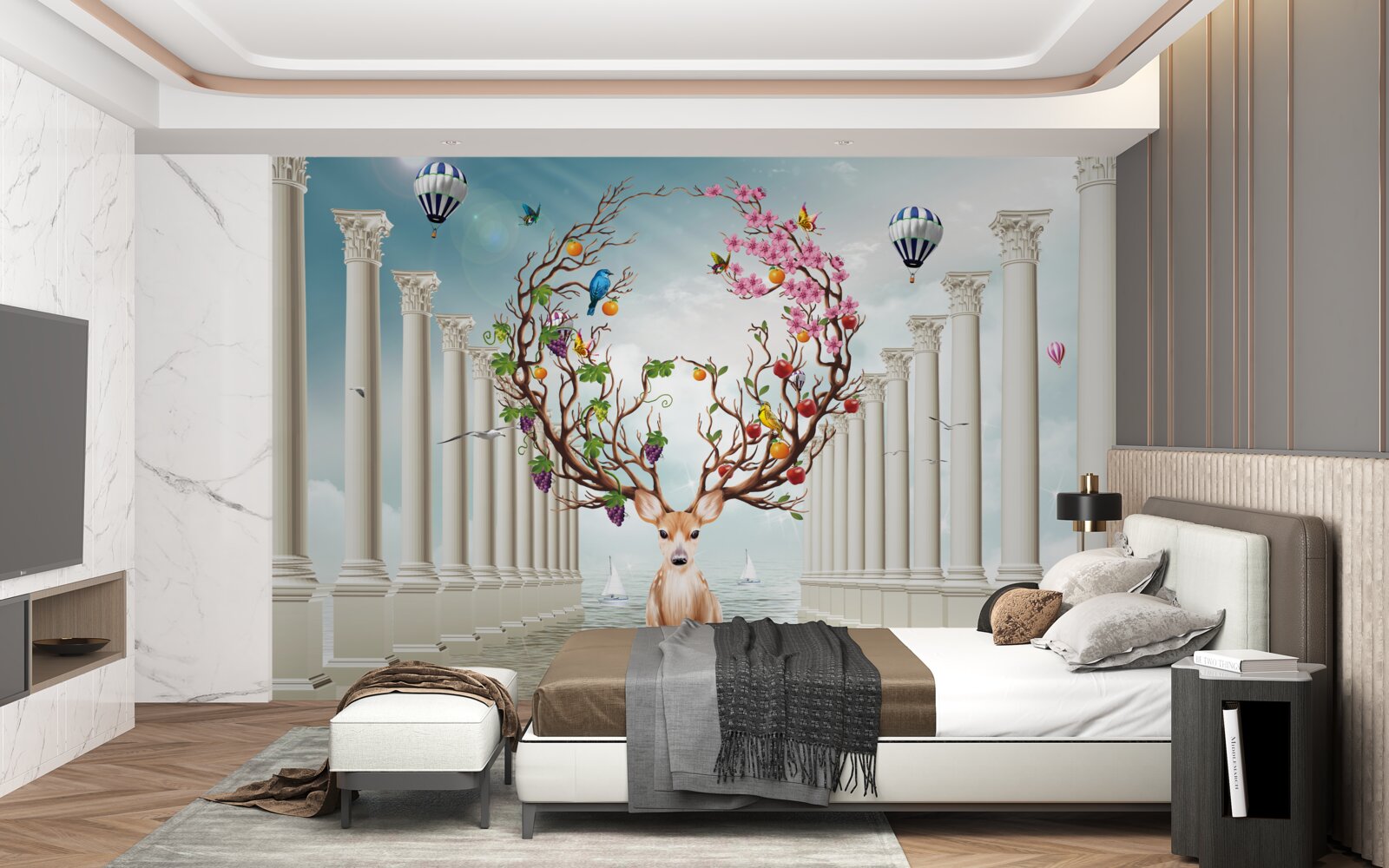 Фотошпалери Білосніжна колонада і олень з незвичайним, абстрактним рогом