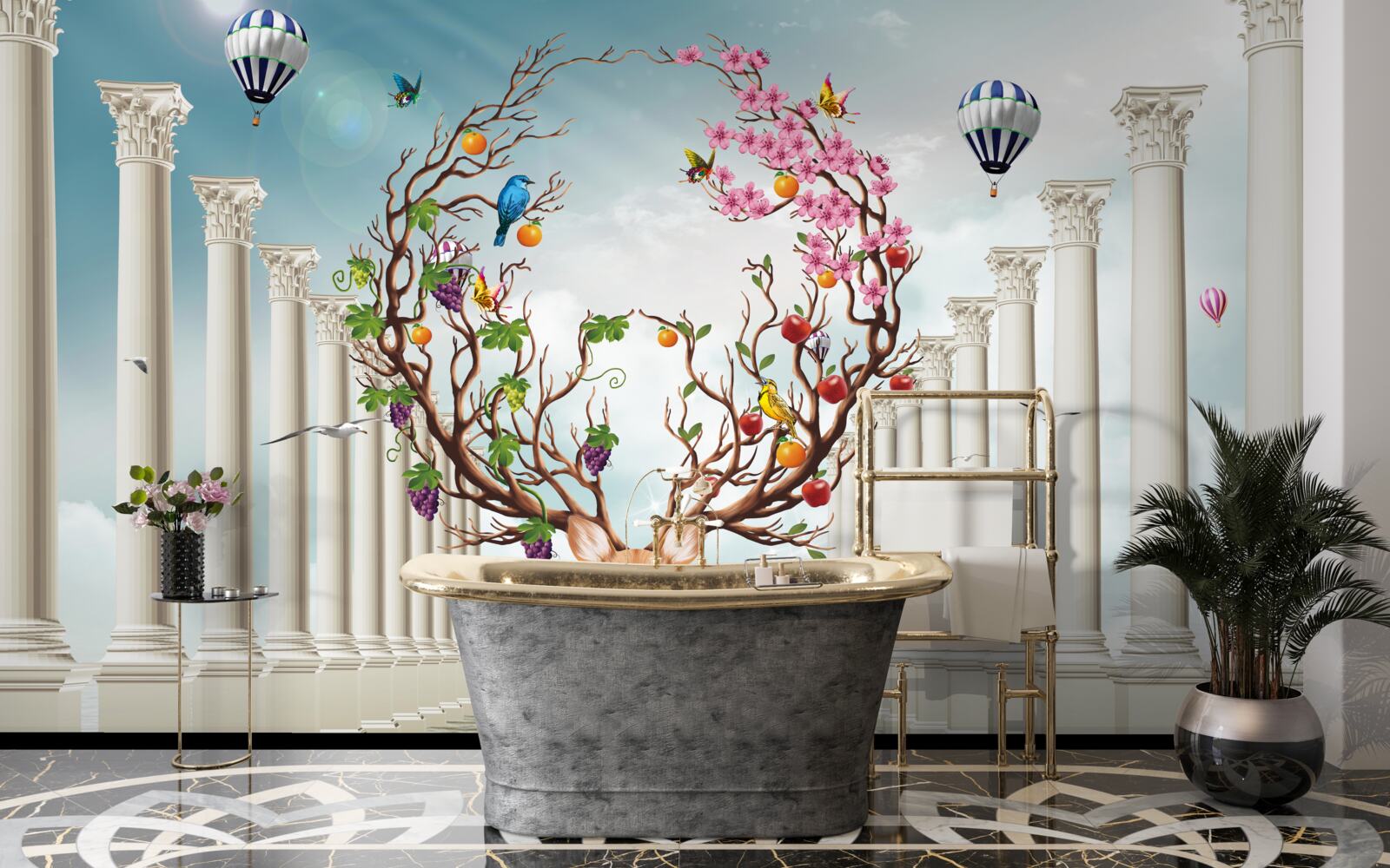 Фотошпалери Білосніжна колонада і олень з незвичайним, абстрактним рогом