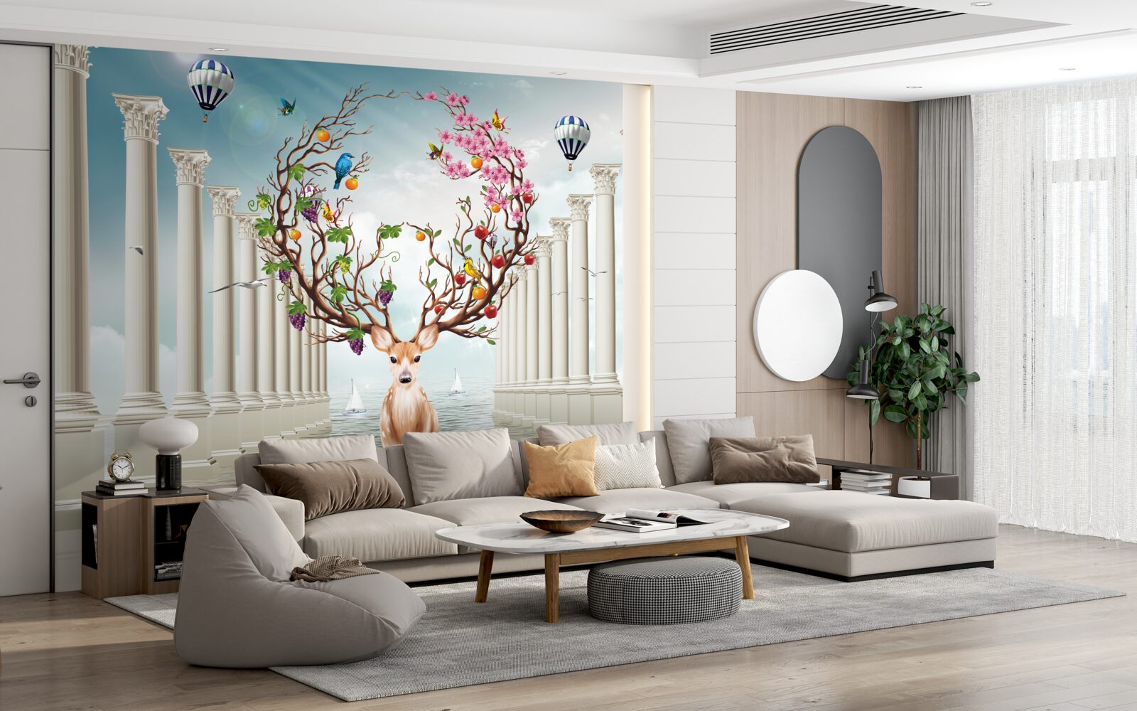 Фотошпалери Білосніжна колонада і олень з незвичайним, абстрактним рогом