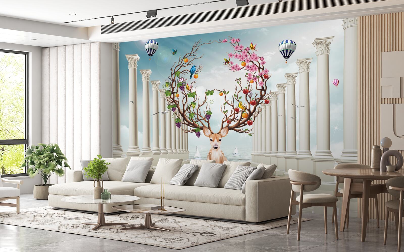 Фотошпалери Білосніжна колонада і олень з незвичайним, абстрактним рогом