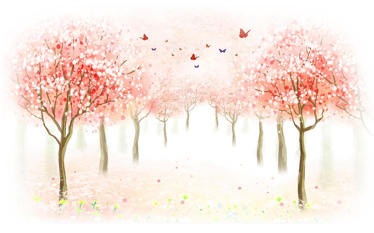 Фотошпалери квітучі дерева, всіяні метеликами