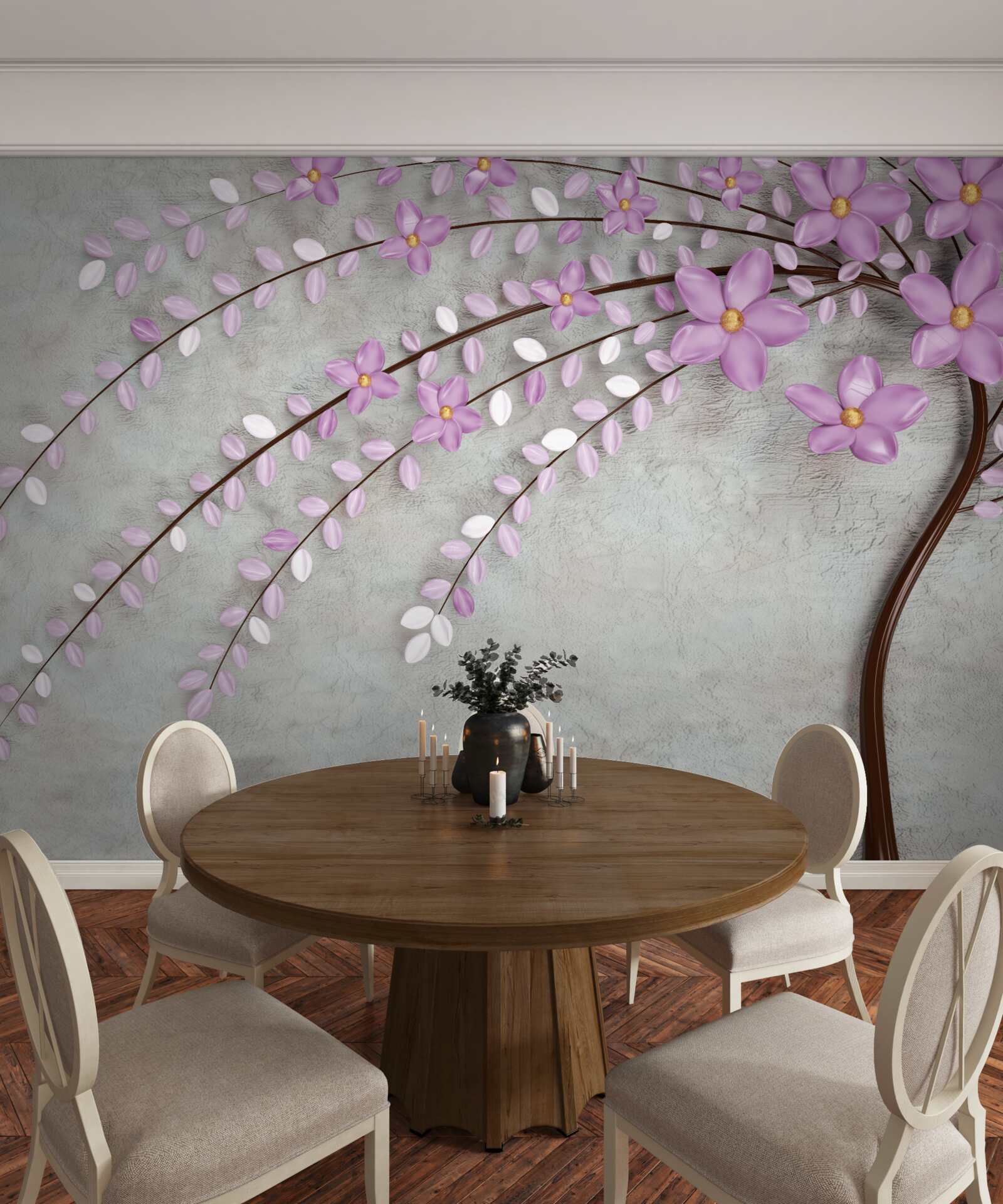 Фотошпалери дерево, прикрашене ніжними бузковими квітами