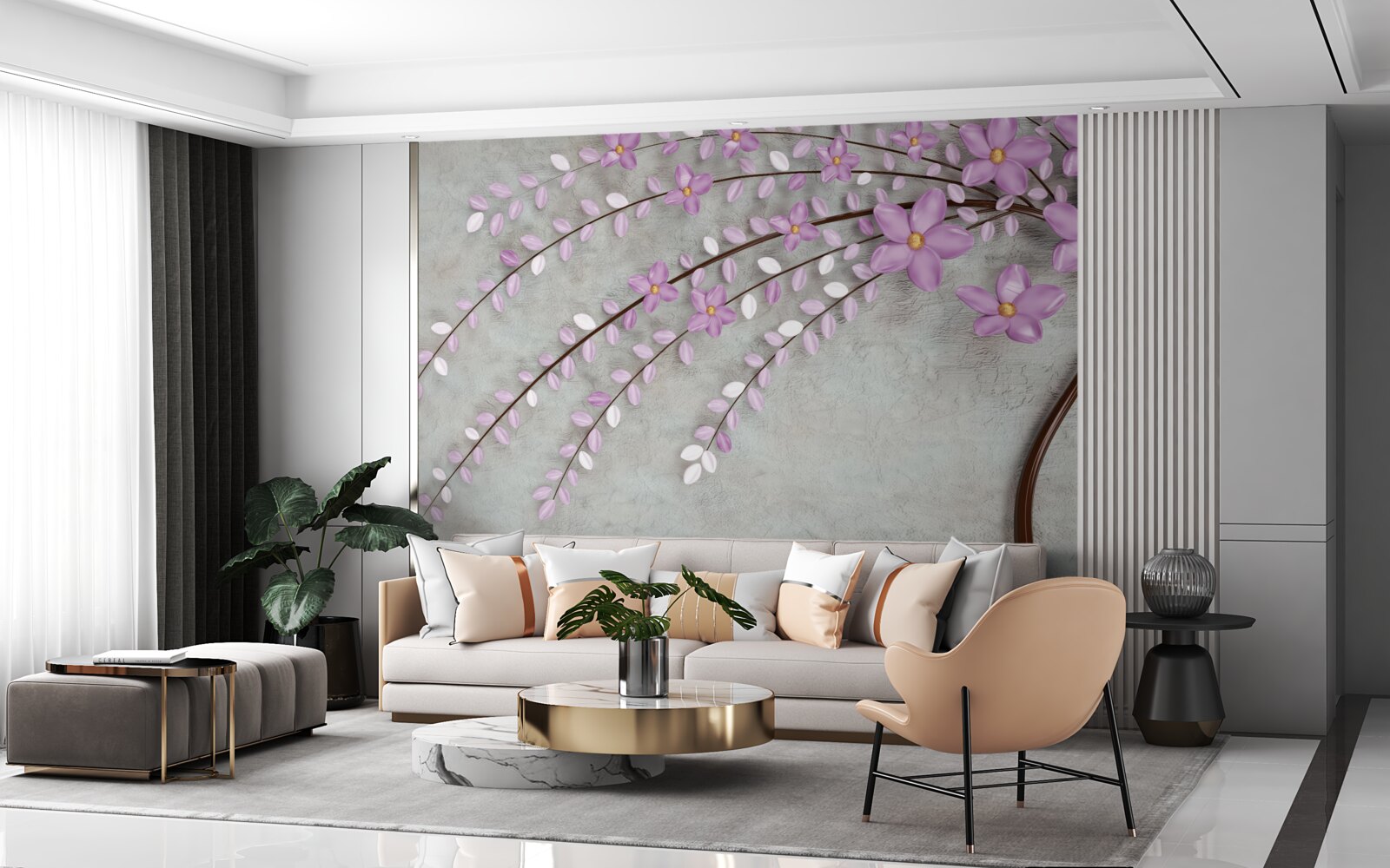 Фотошпалери дерево, прикрашене ніжними бузковими квітами