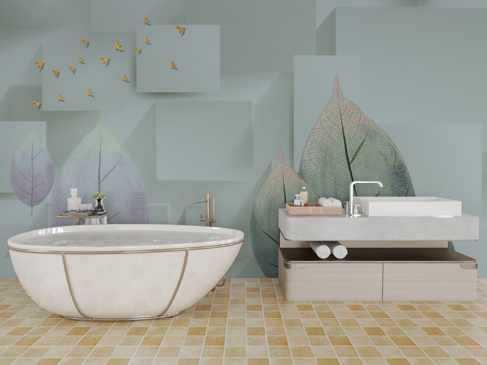 Фотошпалери Жовті птахи та листя