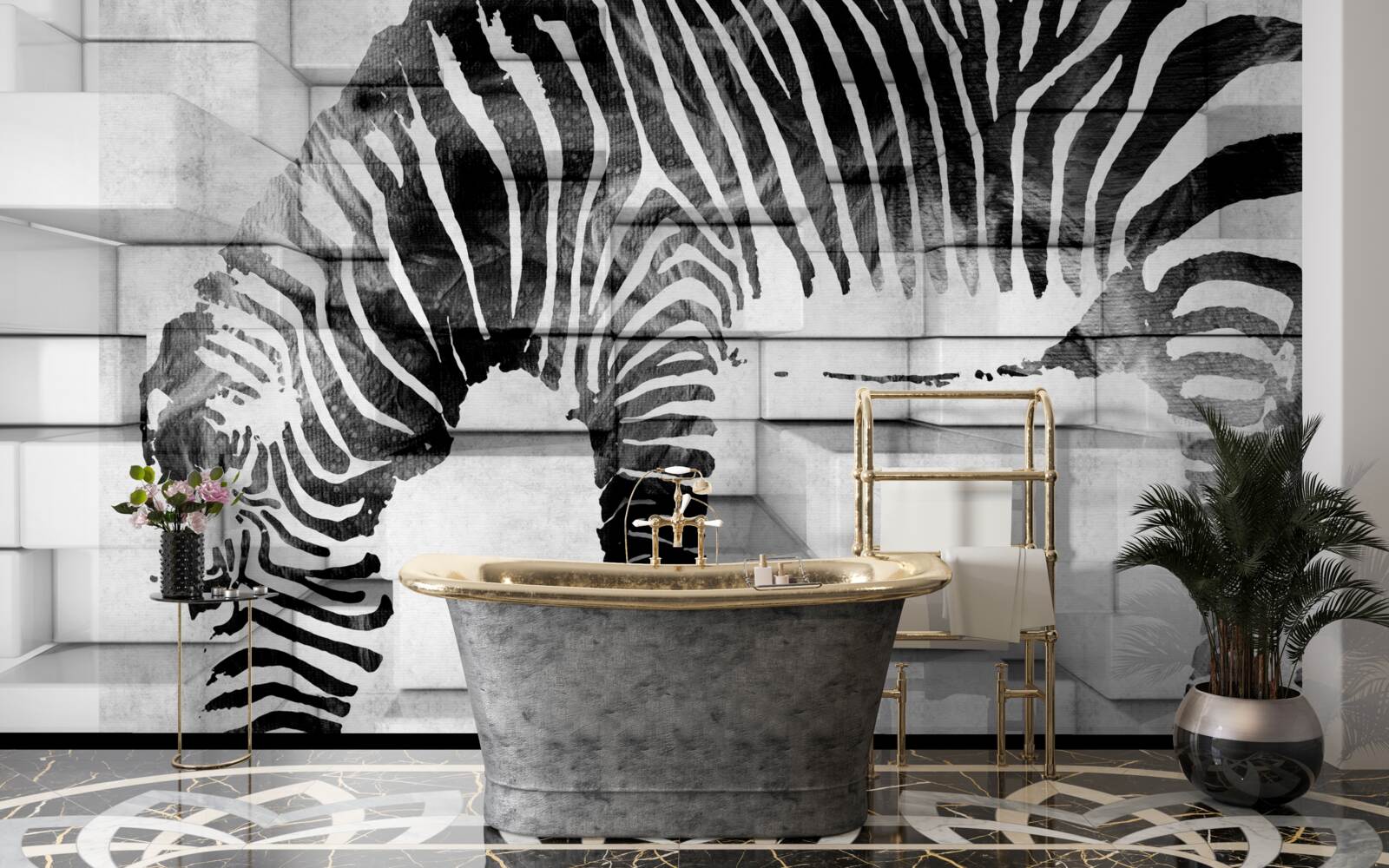 Фотошпалери цегляна стіна біля водопою із зображенням зебри