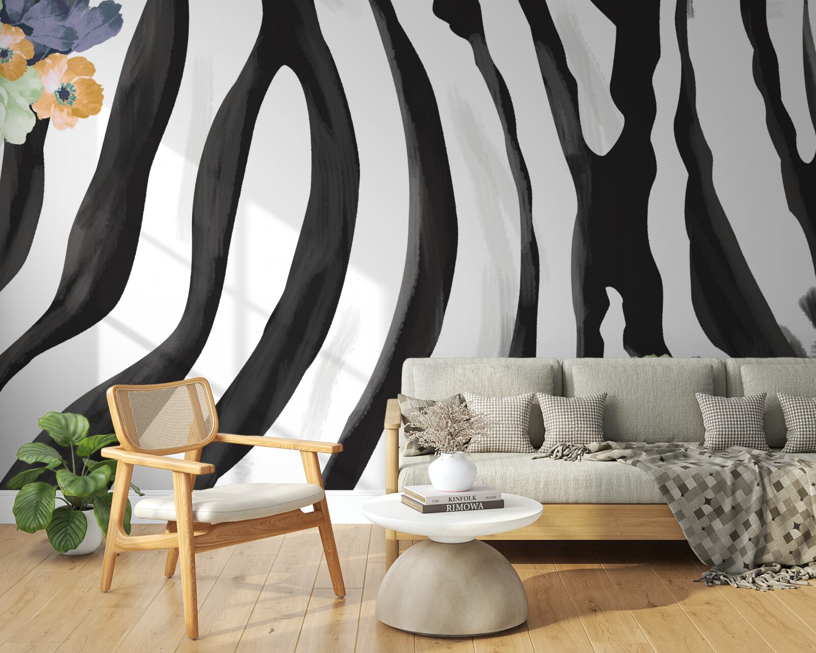 Фотошпалери фон з квітами на тлі чорно-білих смуг