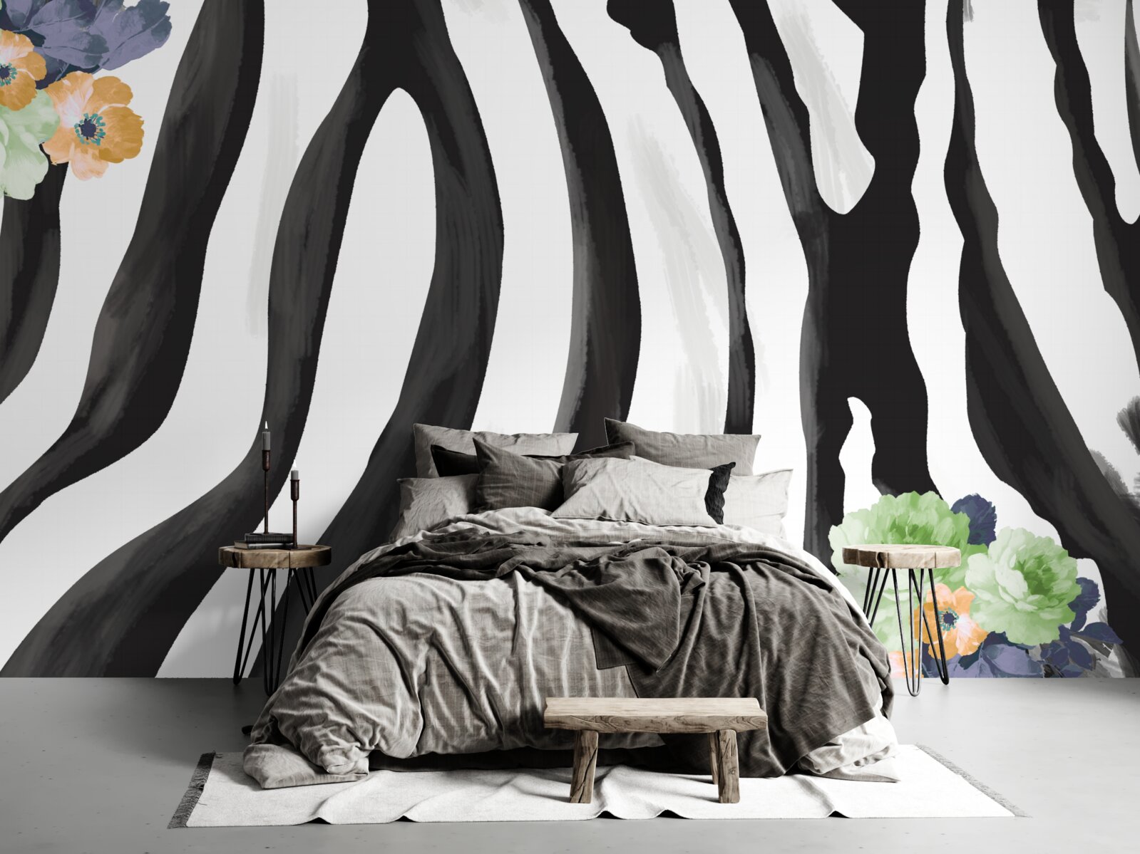Фотошпалери фон з квітами на тлі чорно-білих смуг