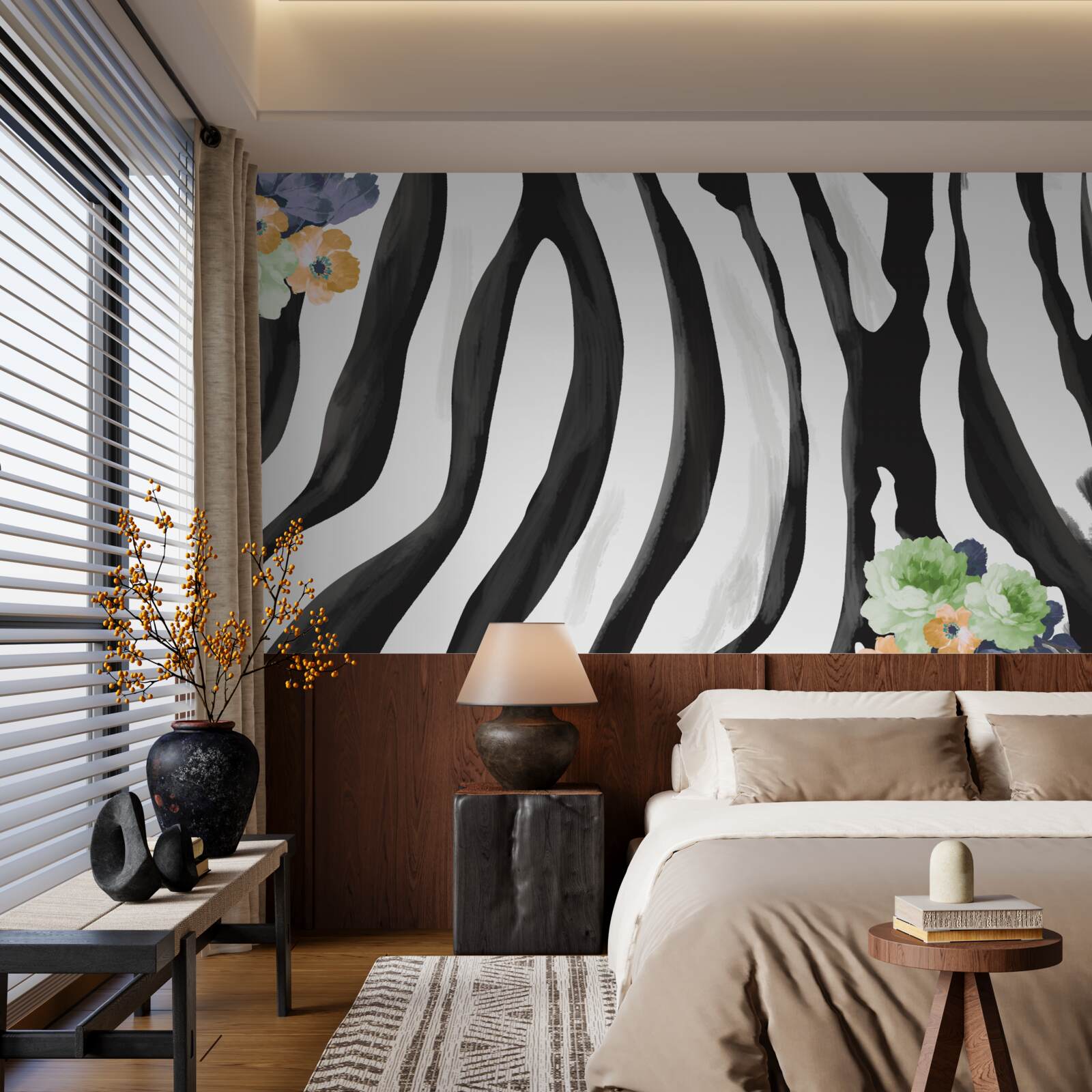 Фотошпалери фон з квітами на тлі чорно-білих смуг