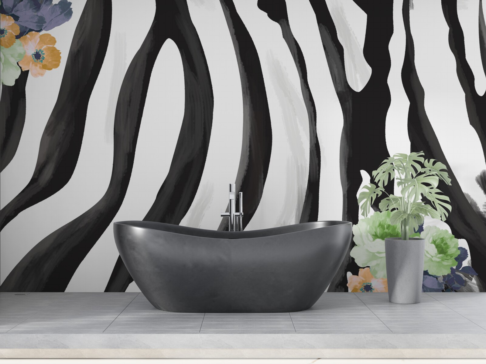 Фотошпалери фон з квітами на тлі чорно-білих смуг