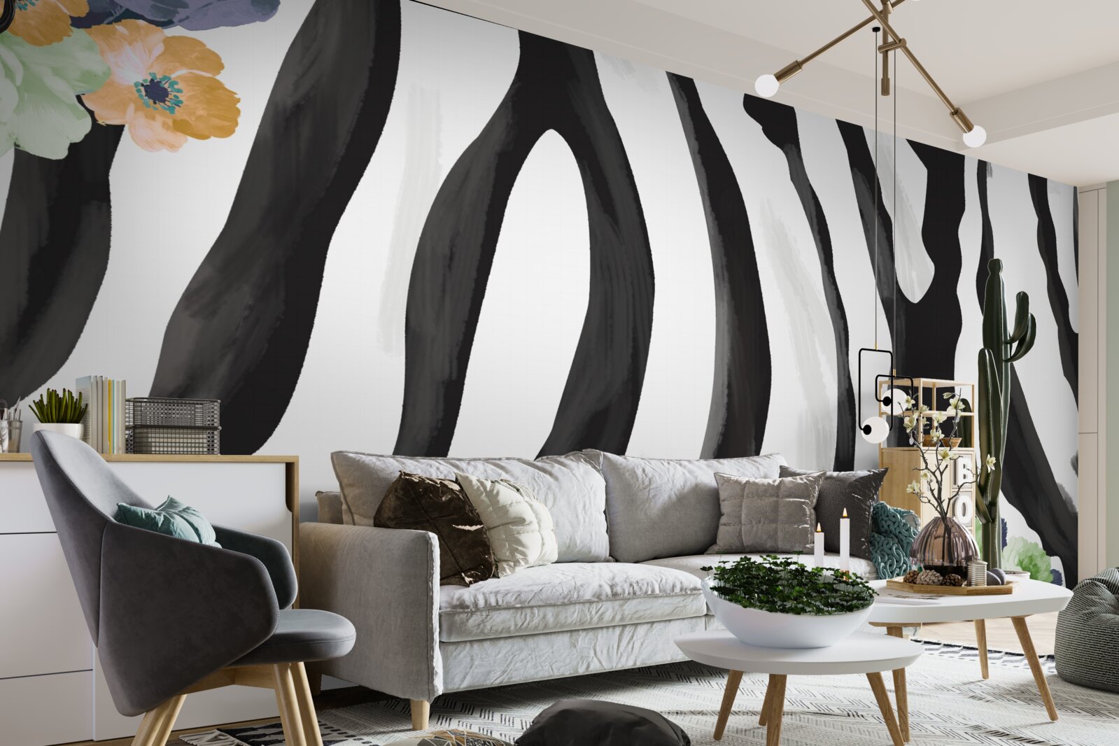 Фотошпалери фон з квітами на тлі чорно-білих смуг