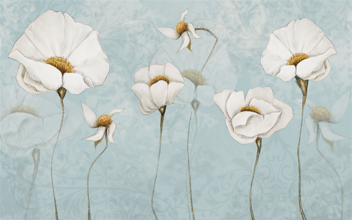 Фотошпалери маки білосніжні, сидять на високих, ніжних стовбурах