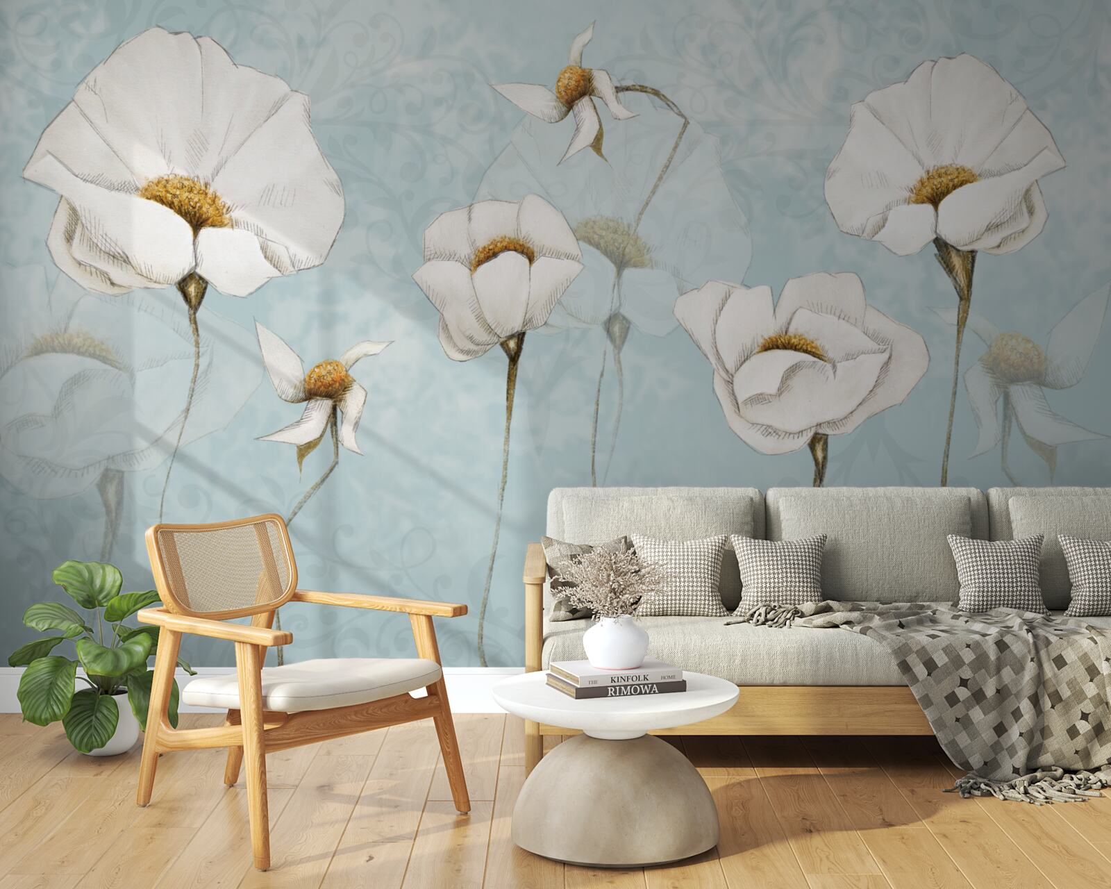 Фотошпалери маки білосніжні, сидять на високих, ніжних стовбурах