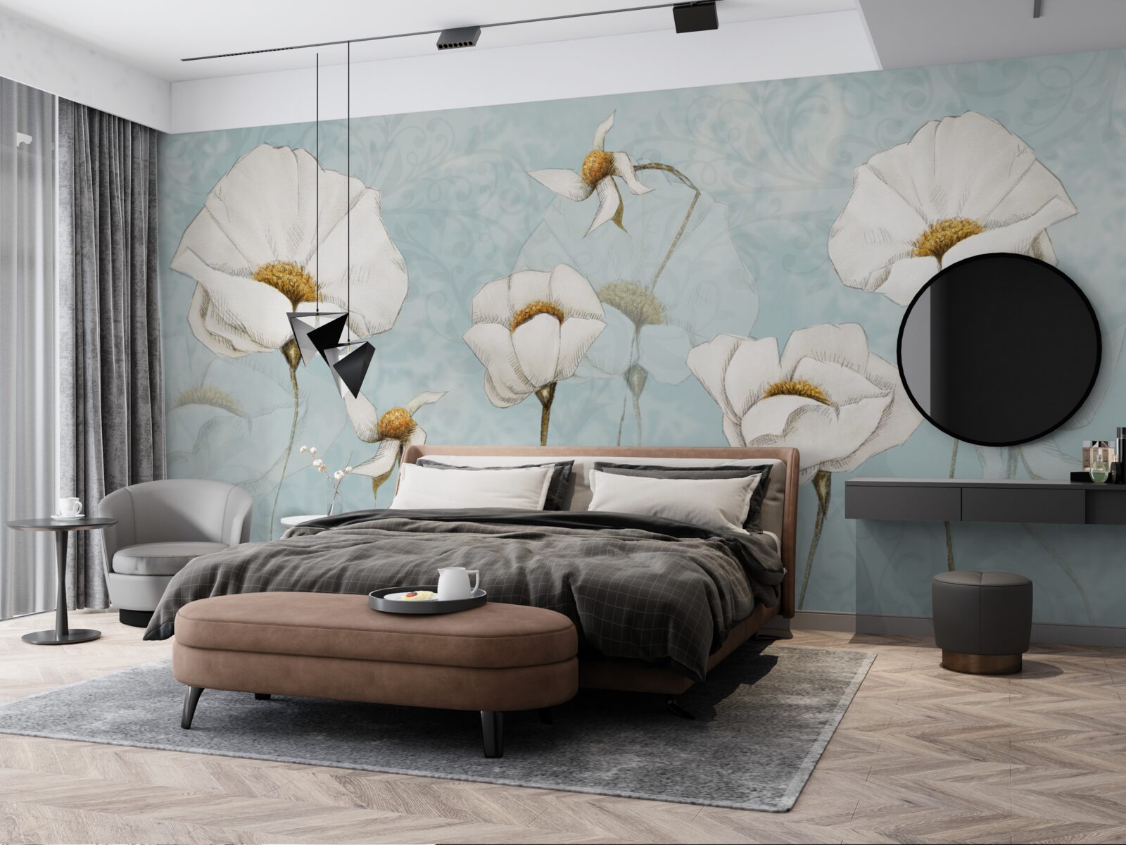 Фотошпалери маки білосніжні, сидять на високих, ніжних стовбурах