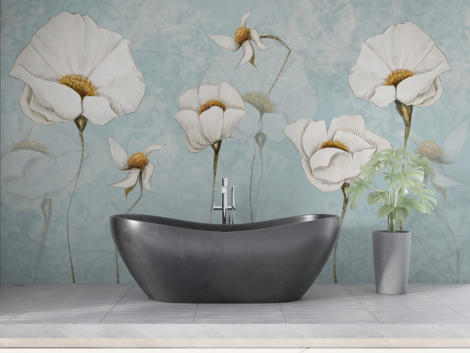 Фотошпалери маки білосніжні, сидять на високих, ніжних стовбурах