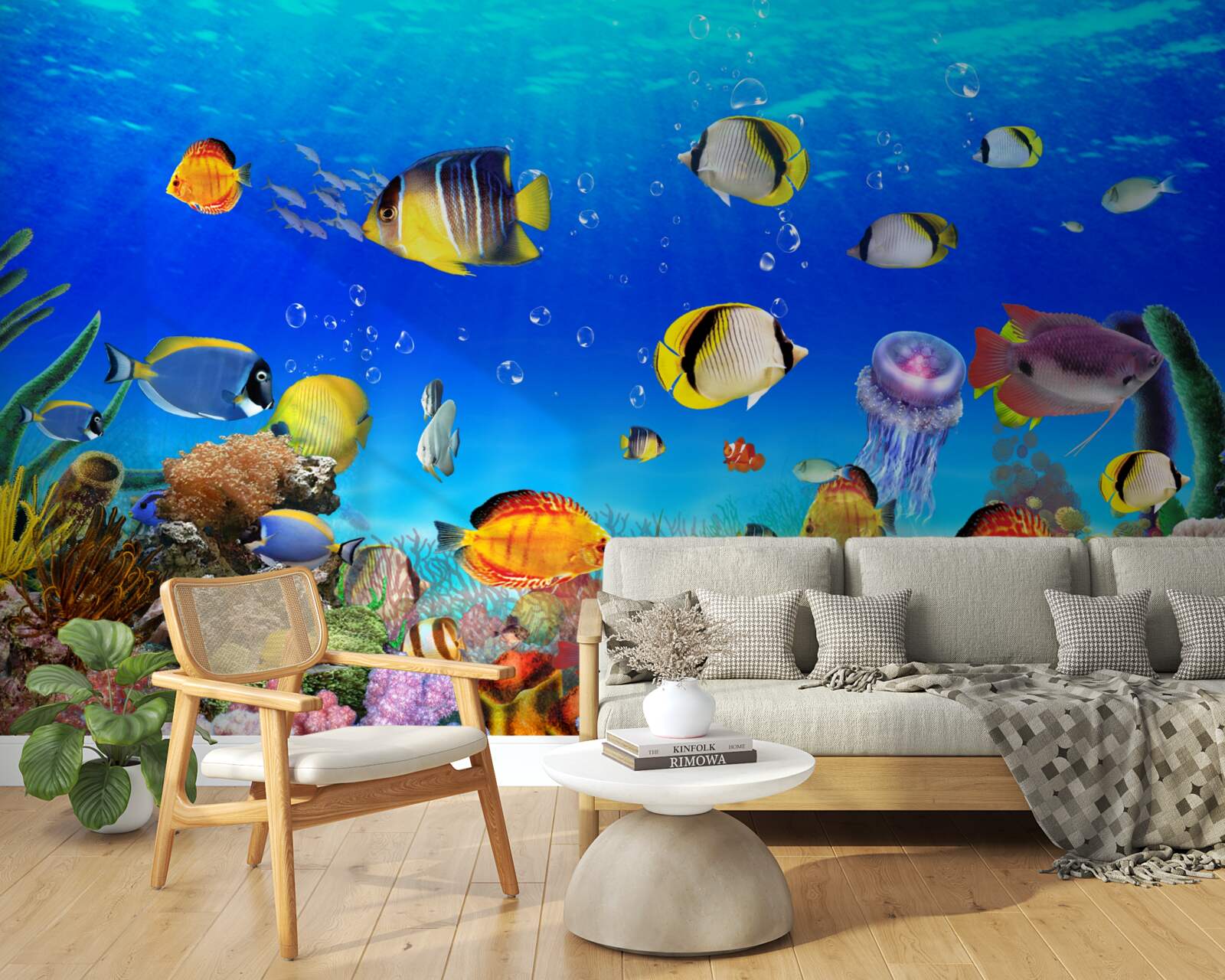 Фотошпалери різнокольорові рибки в блакитній воді