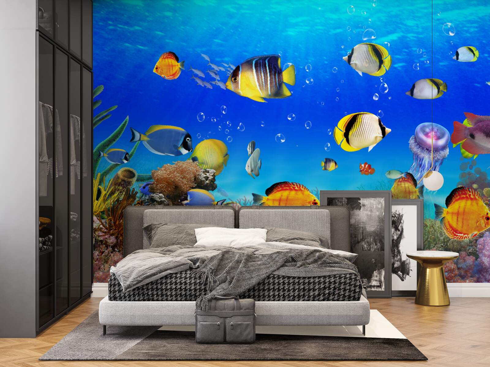 Фотошпалери різнокольорові рибки в блакитній воді