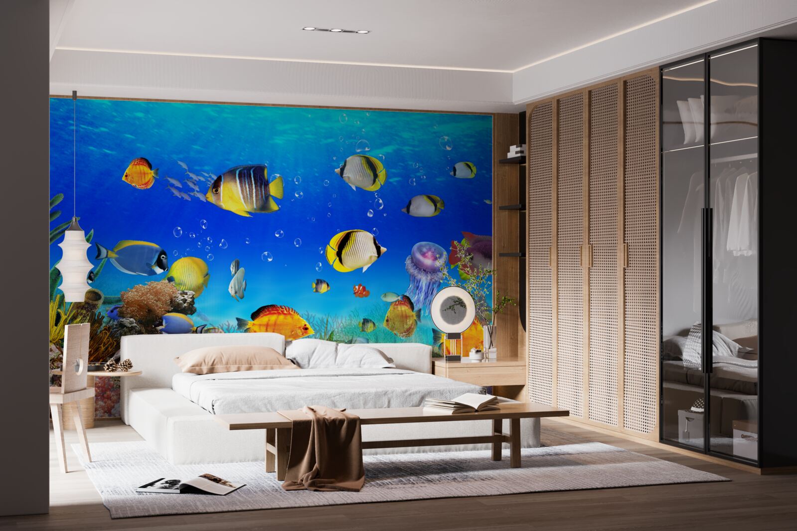 Фотошпалери різнокольорові рибки в блакитній воді