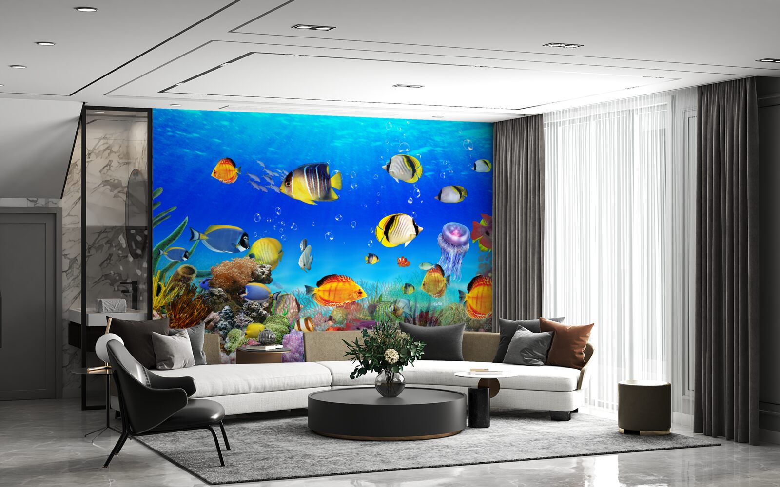 Фотошпалери різнокольорові рибки в блакитній воді