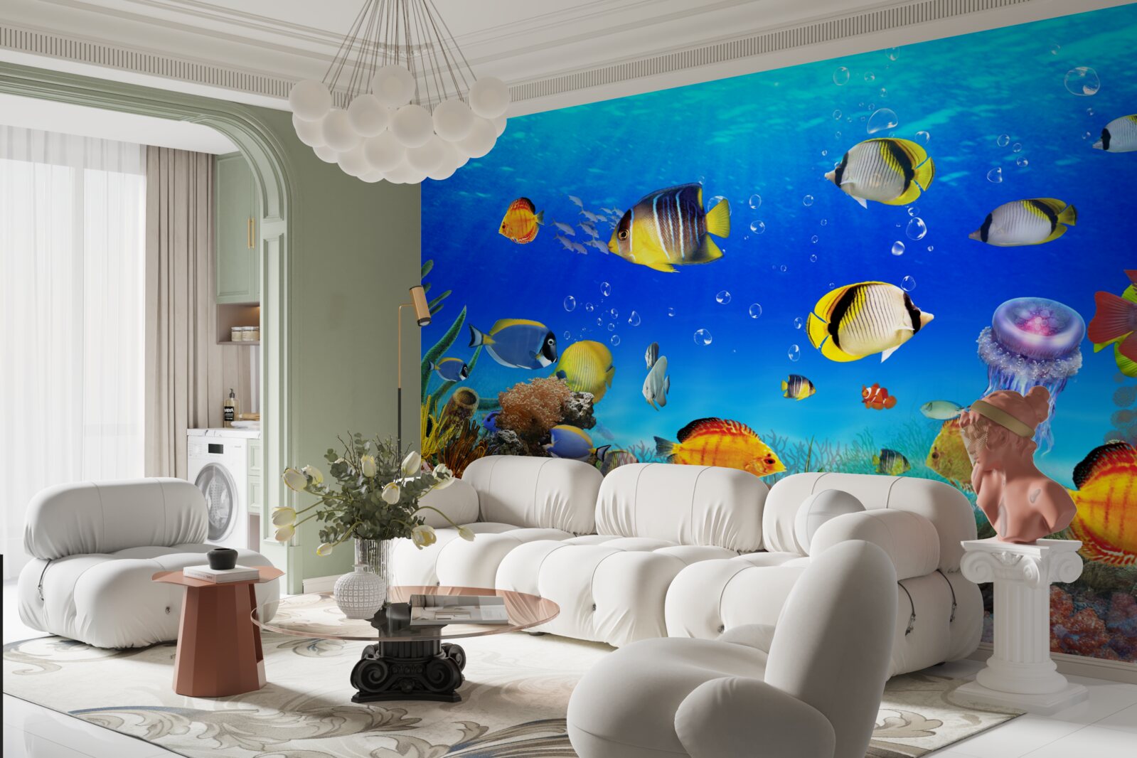 Фотошпалери різнокольорові рибки в блакитній воді