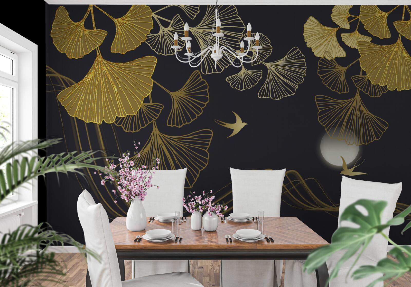 Фотошпалери листя в золотистих відтінках і морські хвилі