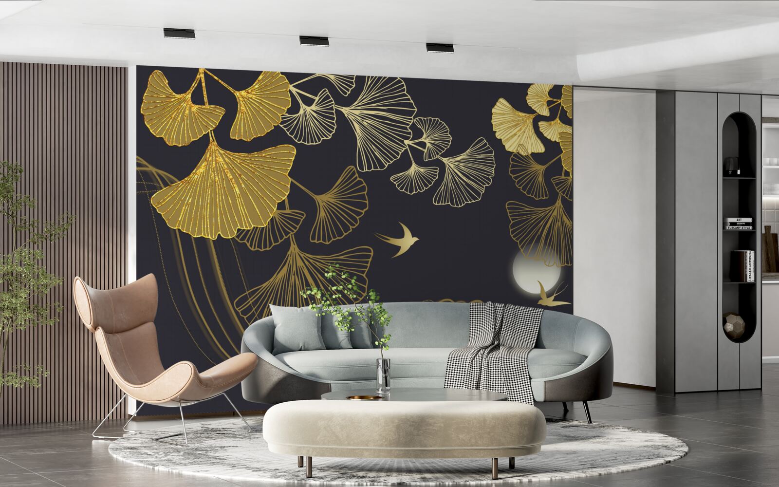 Фотошпалери листя в золотистих відтінках і морські хвилі