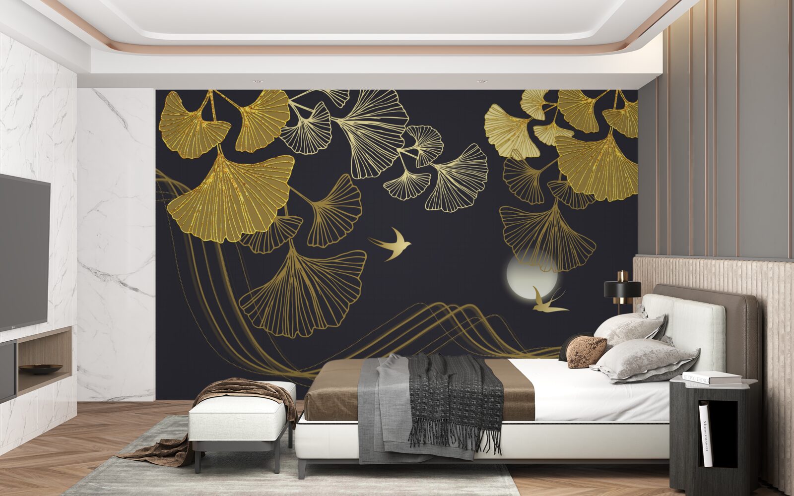 Фотошпалери листя в золотистих відтінках і морські хвилі