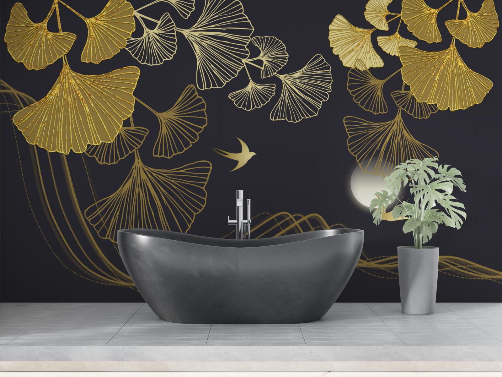 Фотошпалери листя в золотистих відтінках і морські хвилі