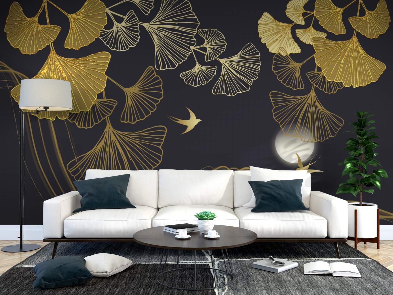 Фотошпалери листя в золотистих відтінках і морські хвилі