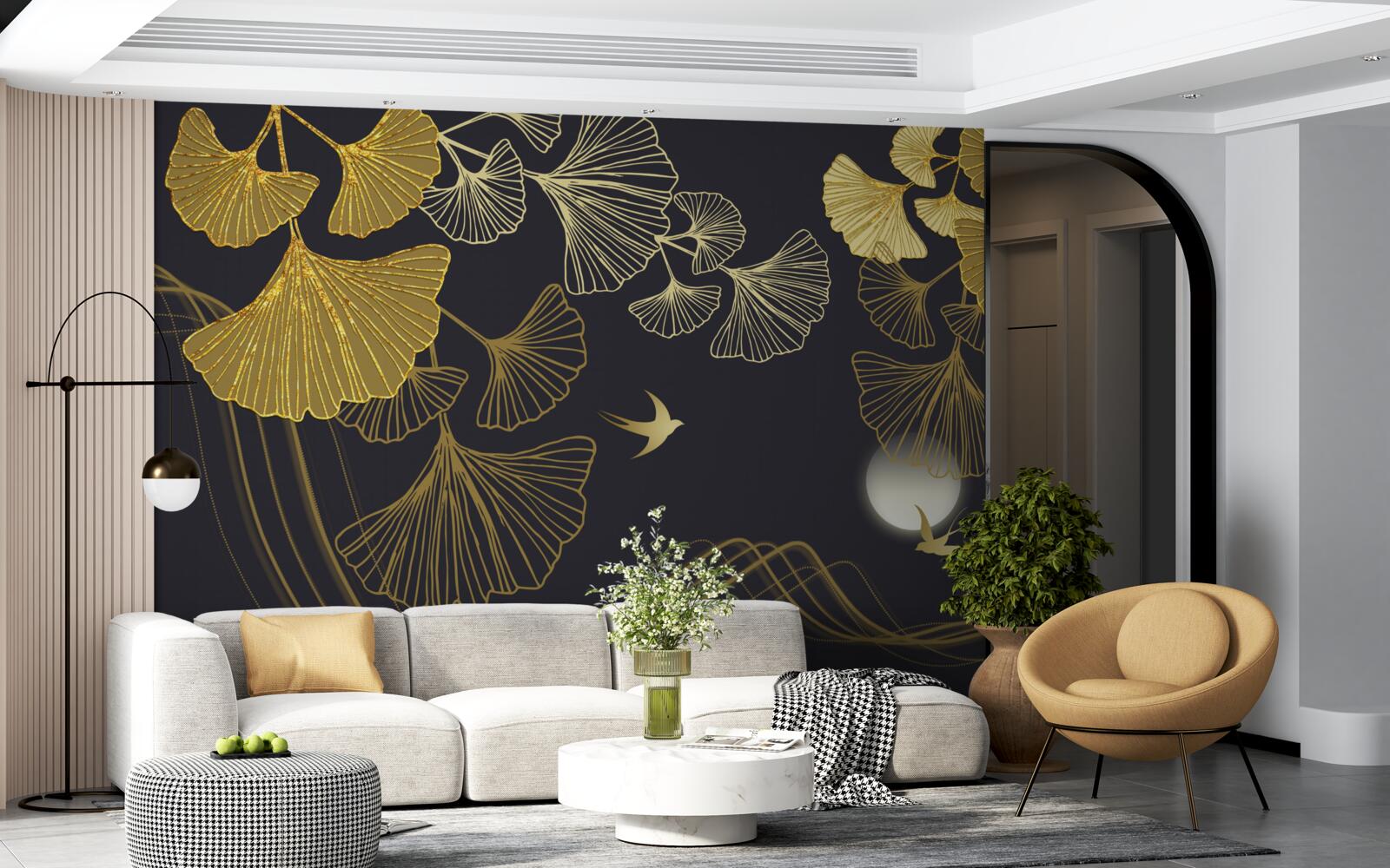 Фотошпалери листя в золотистих відтінках і морські хвилі