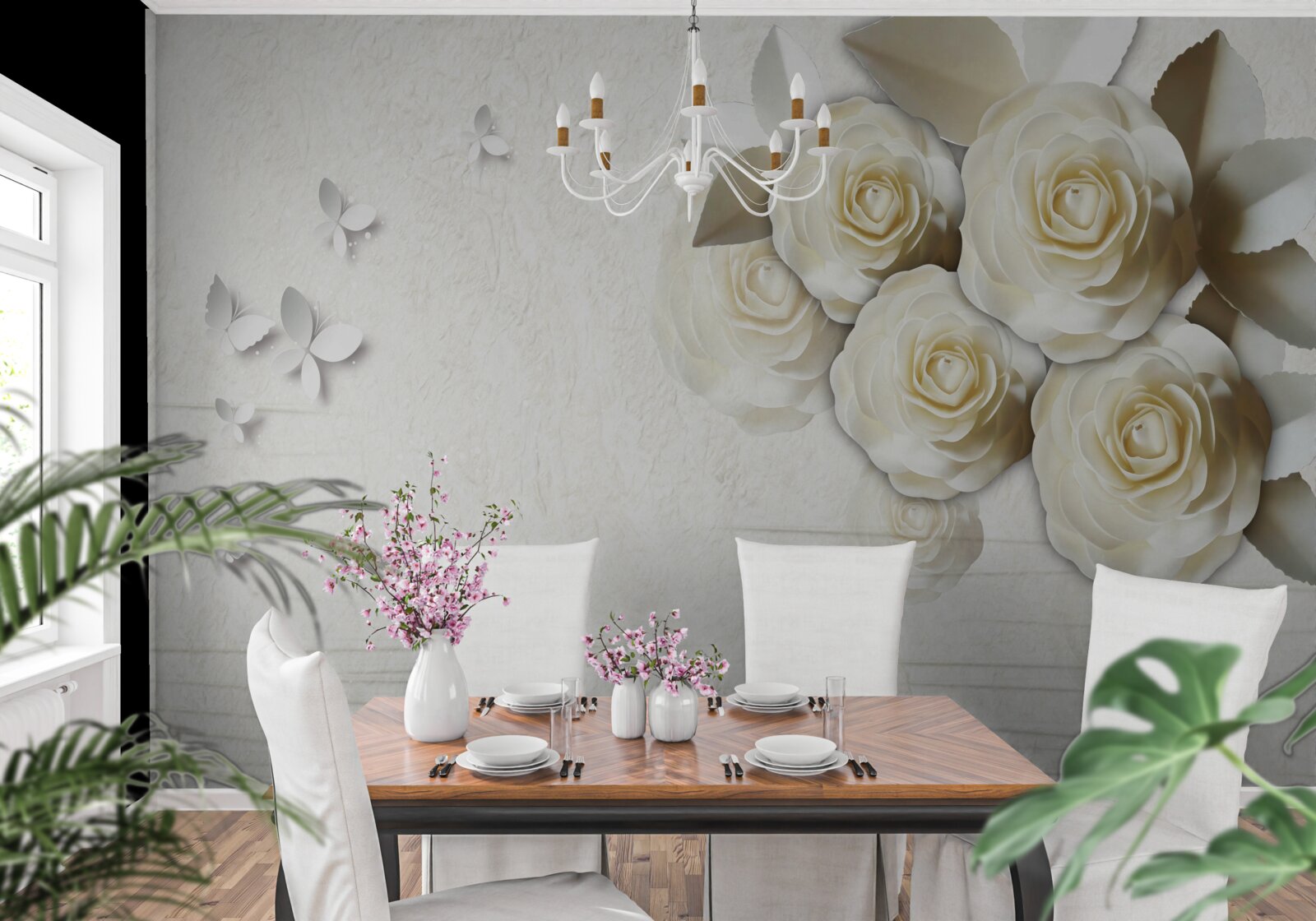 Фотошпалери метелики та білосніжні троянди