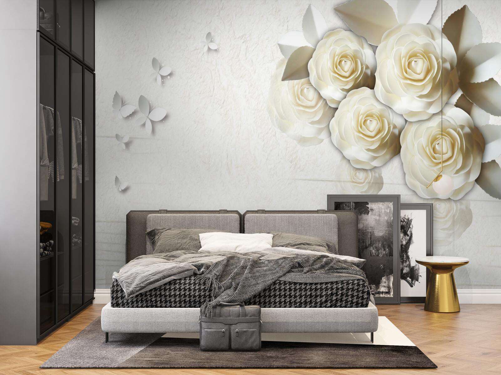 Фотошпалери метелики та білосніжні троянди