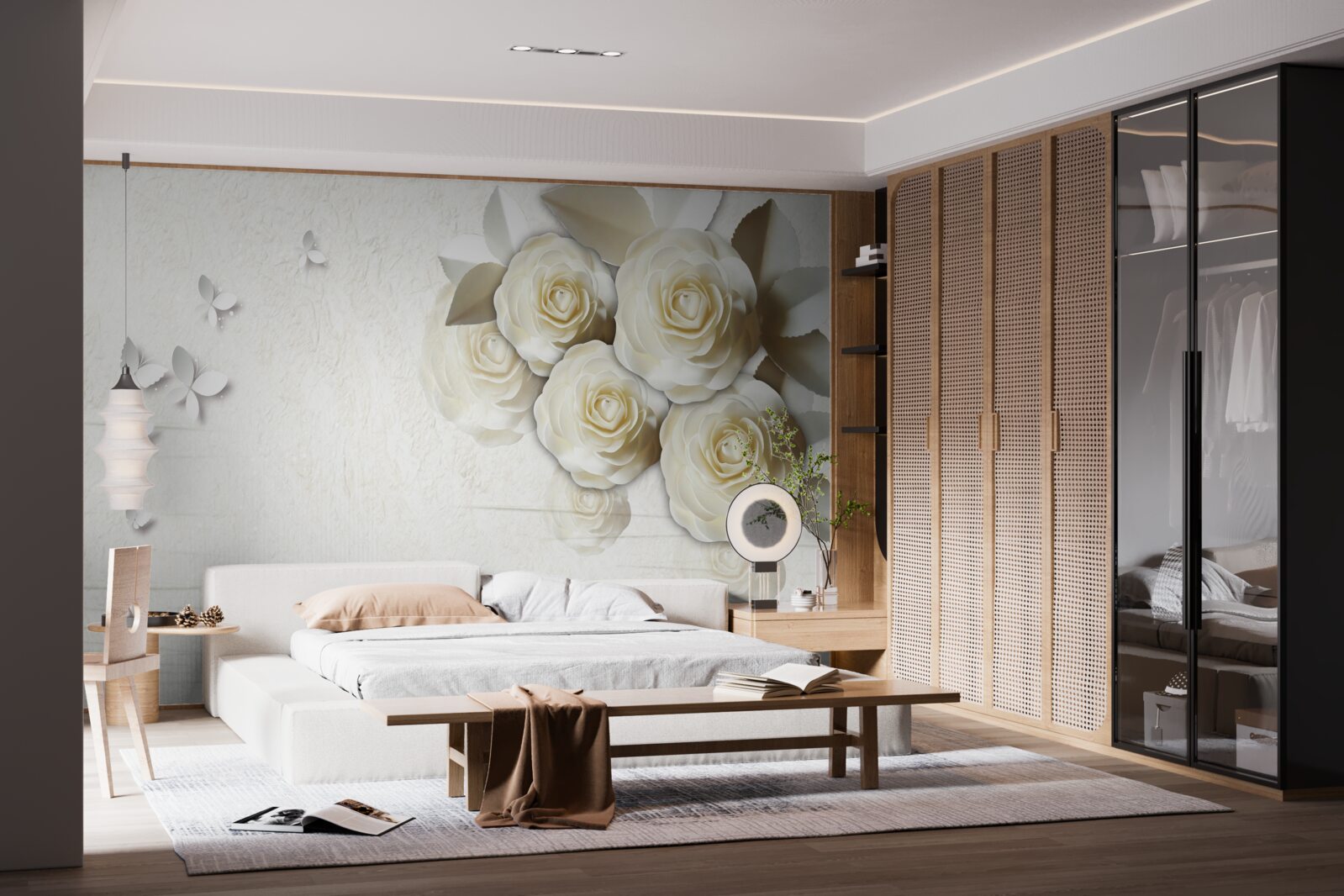 Фотошпалери метелики та білосніжні троянди