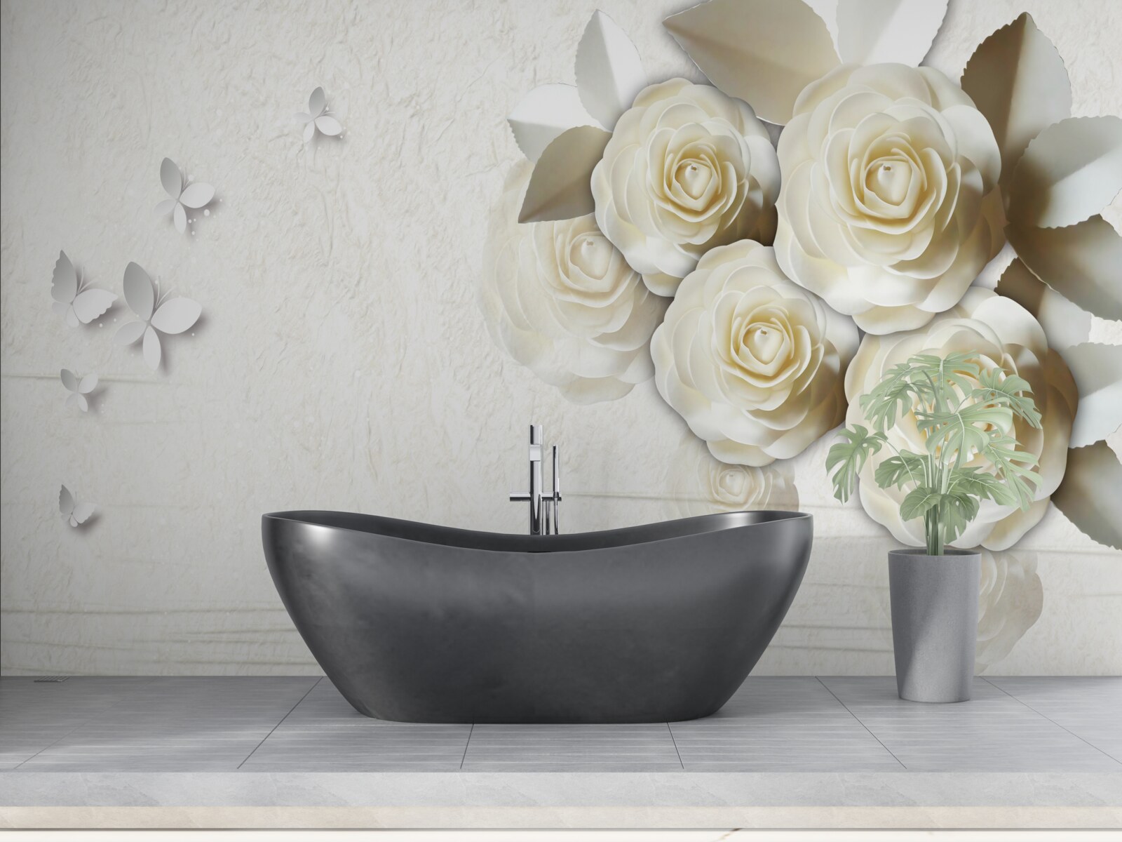 Фотошпалери метелики та білосніжні троянди