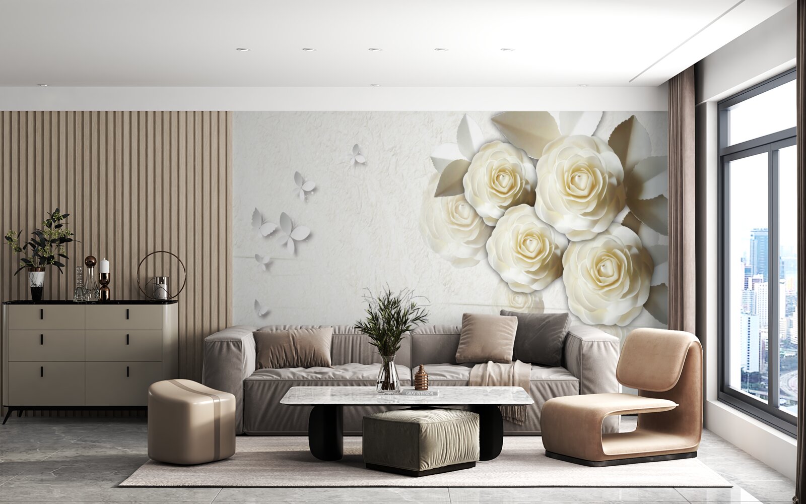 Фотошпалери метелики та білосніжні троянди